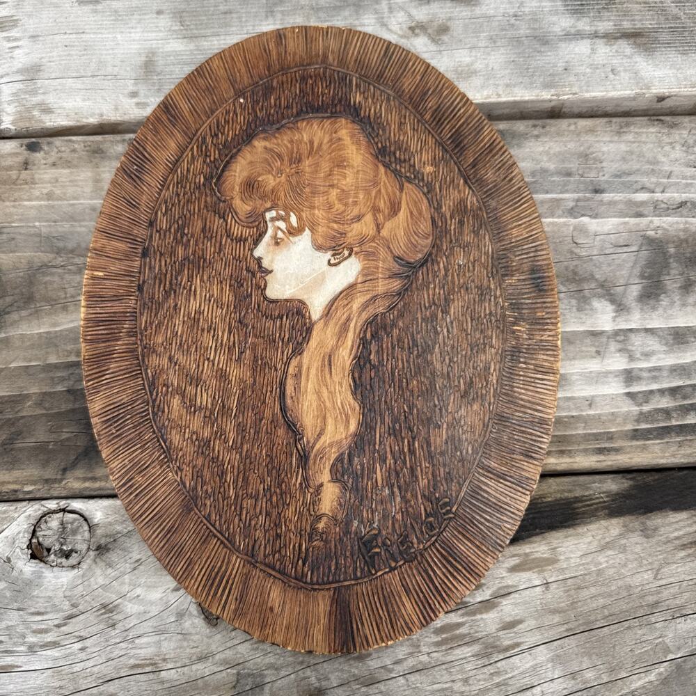 VINTAGE FLEMISH WOOD PYROGRAPHY OVAL WALL PLAQUE GIBSON GIRL 11 1/2" X 8 1/4"